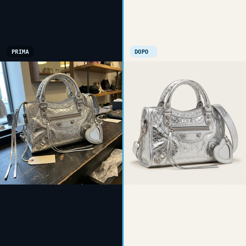 Immagine illustrativa: preparazione della foto di una borsa argento