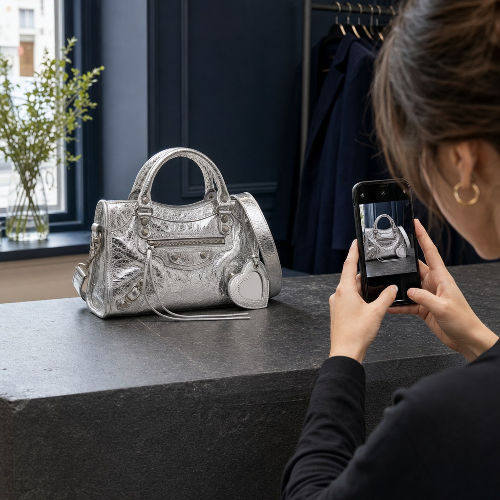 Una borsa Le City Mini argento fotografata con lo smartphone in negozio