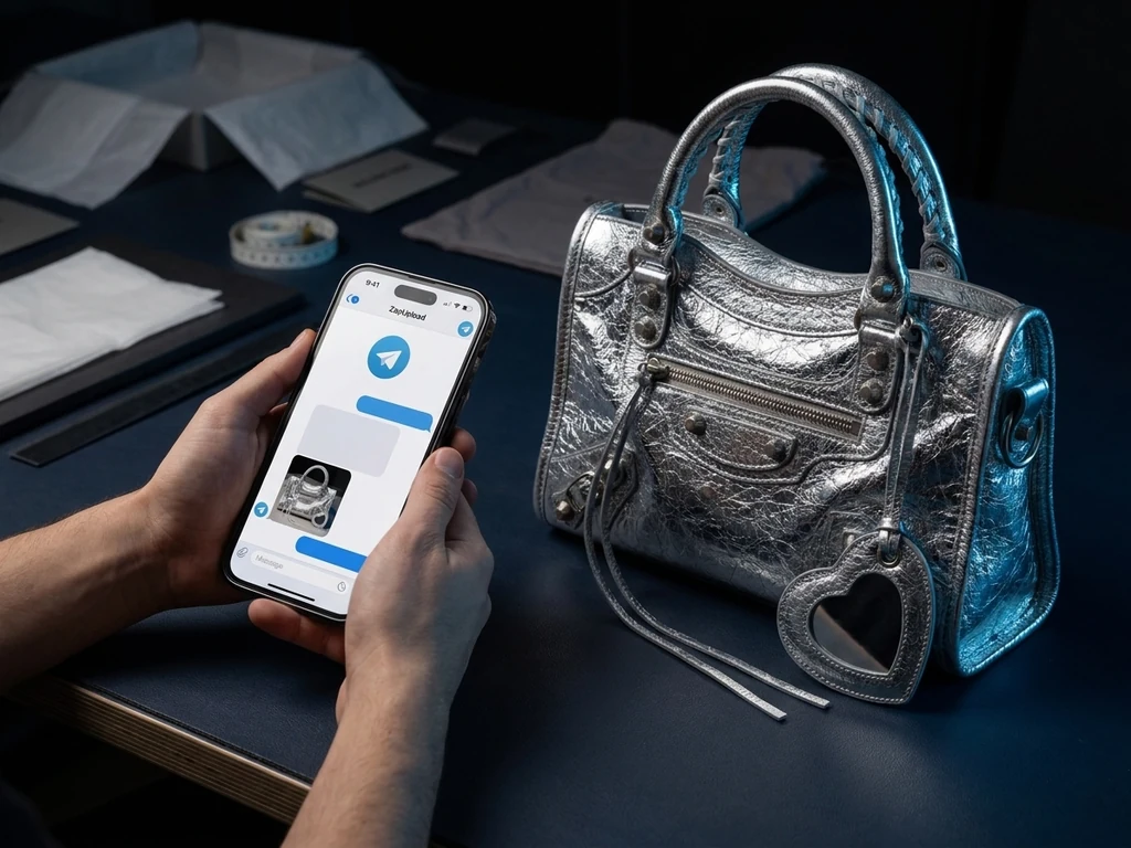Negoziante che usa ZapUpload su Telegram accanto a una borsa Le City Mini argento